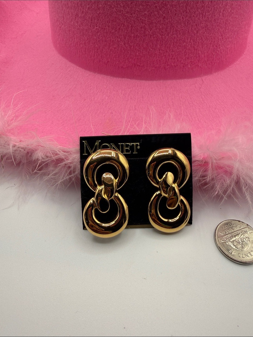 #101 Monet Gold tone Linked clip on Drop Earrings